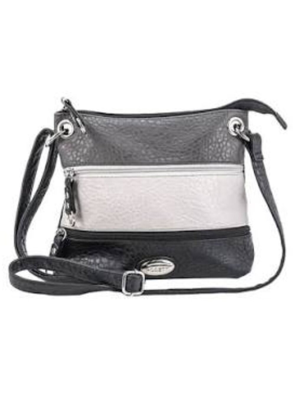 Rosetti Tri-Tone Grey White & Black Demi Zips Faux Leather Crossbody Bag Purse .